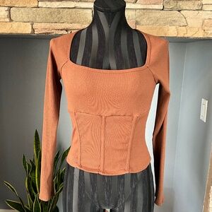 Mi Ami Milkmaid Babydoll Ribbed Y2K Crop Top Coquette Romantic Stretch Brown L